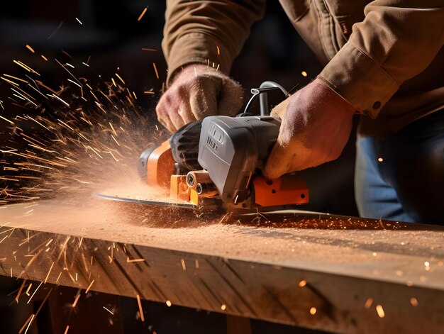 Photo carpenter utilisant une scie électrique pour couper du bois de pin ia générative