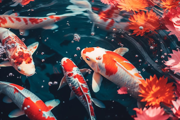 Carpes Koi japonaises dans l'eau fleurs de cerisier Poissons japonais dans le lac Image d'art AI générée