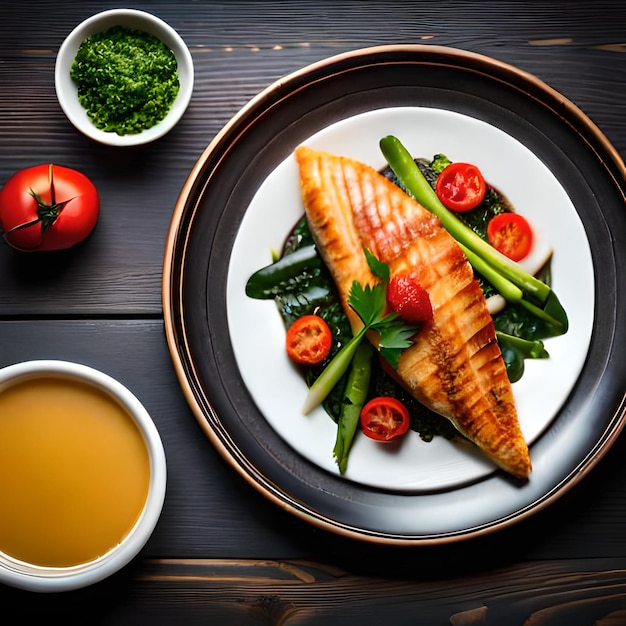 carpes de poisson frites et salade de légumes frais sur la table ai générée