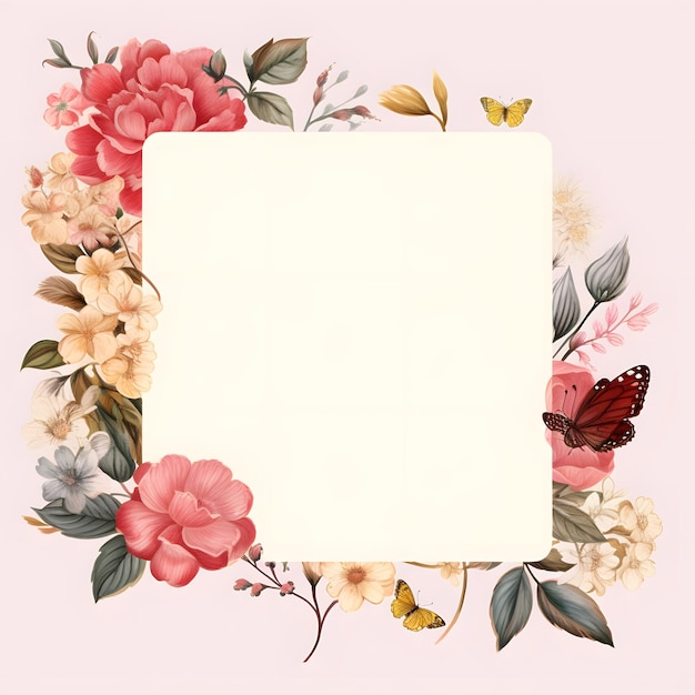 un carré blanc avec un papillon est encadré de fleurs roses