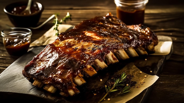 Un carré de côtes levées sur une table avec un pot de sauce dessus