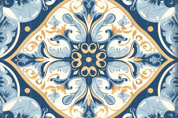 Un carreau bleu et jaune avec un motif floral.