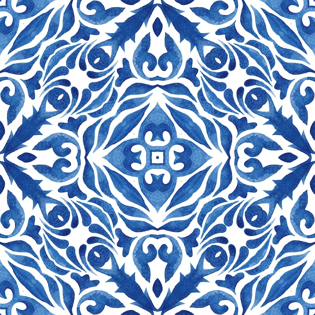 Carreau de peinture arabesque aquarelle ornementale sans couture damassé bleu