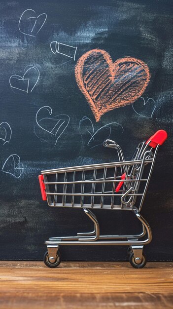 Photo carreau romantique des griffons de cœur accompagnent un petit panier d'achat sur fond de tableau noir