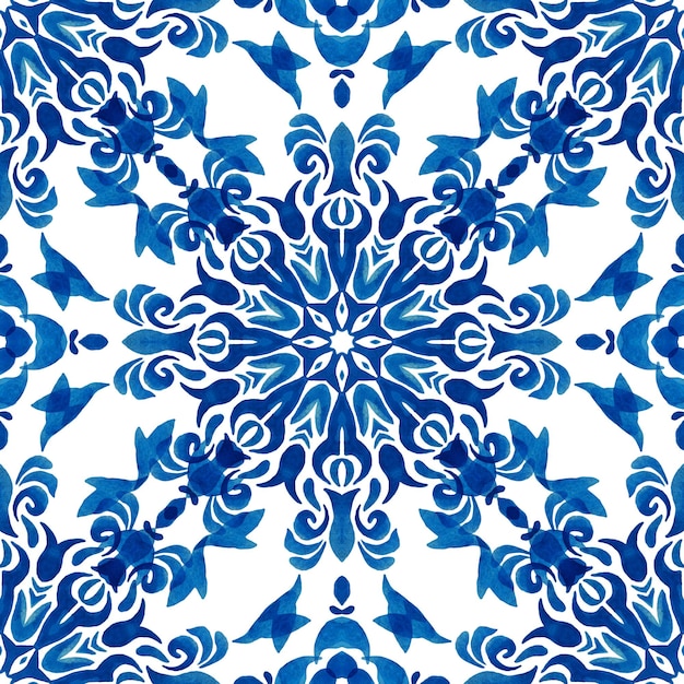 Carreaux indigo damassés vintage sans couture aquarelle ornementale arabesque peinture design art céramique décoratif de luxe