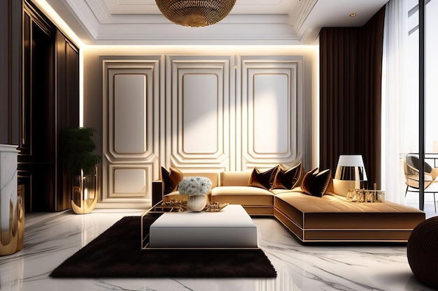 Carreaux de sol en marbre blanc dans le hall de mur brun salon de luxe avec canapé d'angle beige table d'accompagnement w