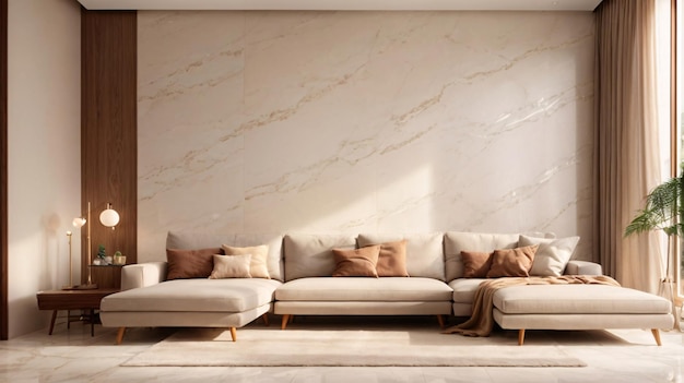 Carreaux de sol en marbre blanc dans le hall de mur brun salon de luxe avec canapé d'angle beige table d'accompagnement