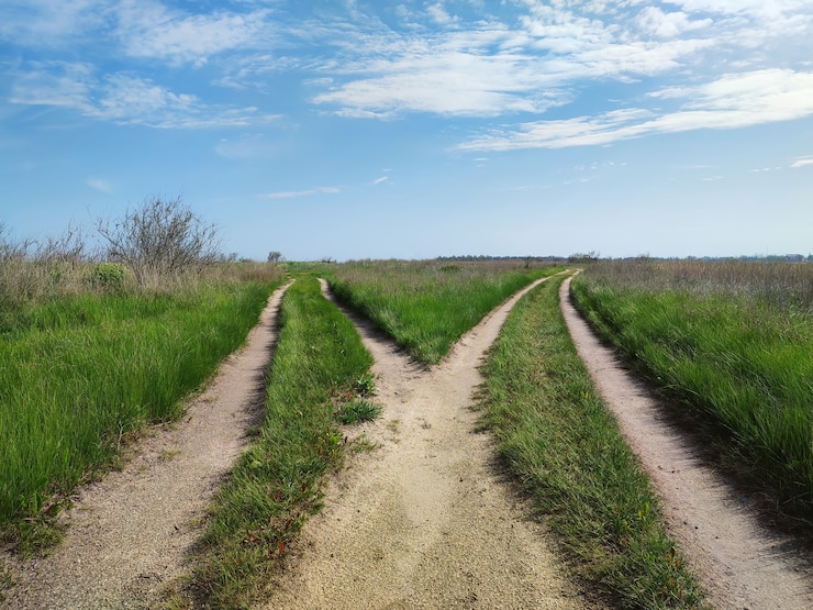 Photo carrefour se dédoublant de deux manières. choisissez votre concept de chemin