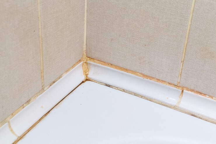 Carrelage sale dans la salle de bain avant de nettoyer l'appartement