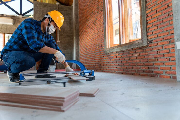 Carreleur artisanal asiatique sur un chantier de construction, un ouvrier coupe une grande dalle de carrelage lors de la construction d'une maison, équipement de coupe de carreaux de sol