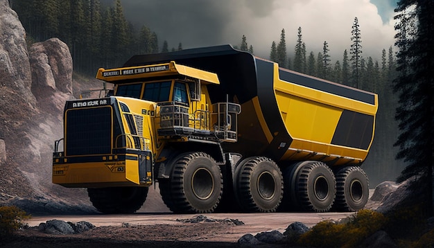 Les carrières nécessitent un énorme camion à benne basculante Un énorme camion minier jaune est sur le chantier Chargement de charbon dans une caisse de camion production de minéraux précieux IA générative