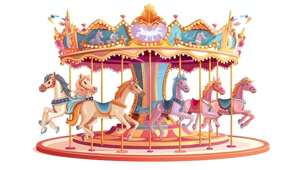 Photo un carrossel magnifique et coloré avec six chevaux les chevaux sont tous de couleurs différentes et ont des selles et des brides différentes