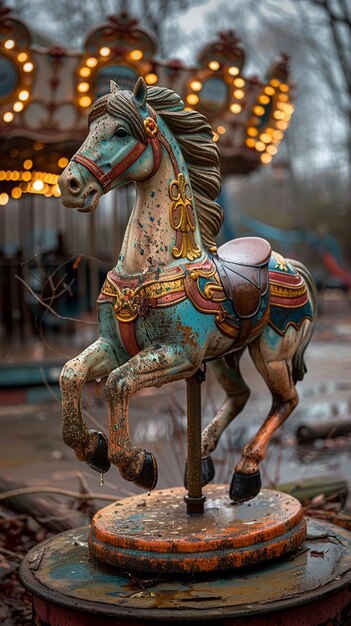 Un carrousel abandonné dans une foire oubliée les chevaux se brouillent de nostalgie