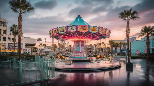 Photo un carrousel au coucher du soleil avec des palmiers en arrière-plan