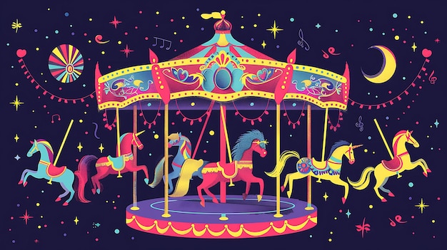 Photo un carrousel capricieux avec des chevaux et des licornes aux couleurs vives sur un ciel étoilé.