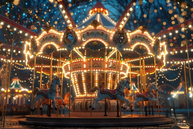 Un carrousel capricieux tournant sous les lumières des fées