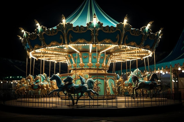 un carrousel avec un cheval bleu dessus