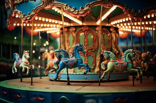 un carrousel avec un cheval bleu dessus