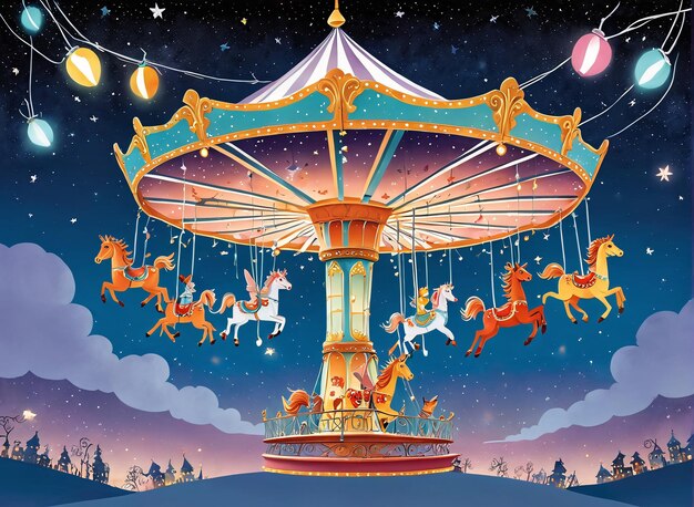 un carrousel avec des chevaux et un carrousel la nuit