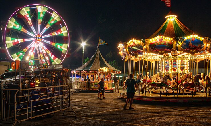 Photo un carrousel avec des gens devant qui est éclairé