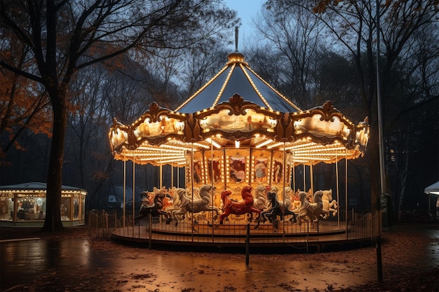 Un carrousel la nuit avec les lumières allumées.