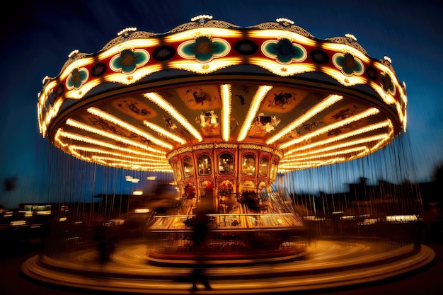 Carrousel rotatif illuminé dans un parc d'attractions en soirée créé avec une IA générative