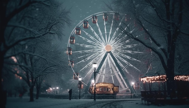 Le carrousel tournant illumine la nuit d'hiver sombre à l'extérieur généré par l'IA