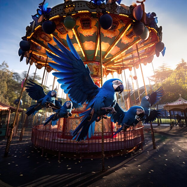 Un carrousel avec trois oiseaux dessus et un oiseau bleu et jaune au sommet.