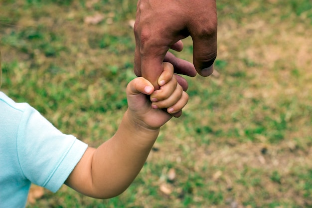 Écart de génération. Petit enfant tient la main de grand-père dans le domaine.