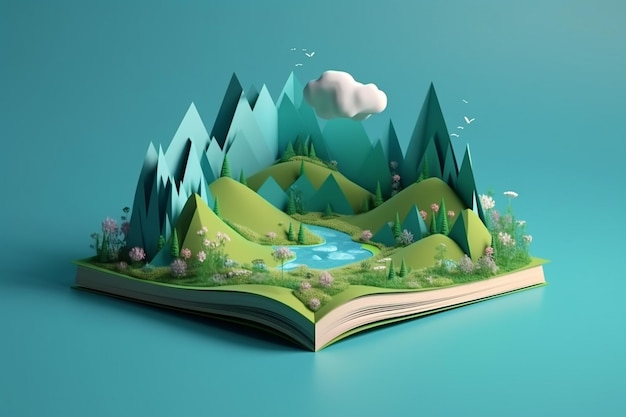 Carte 3D sur livre avec un fond bleu plat