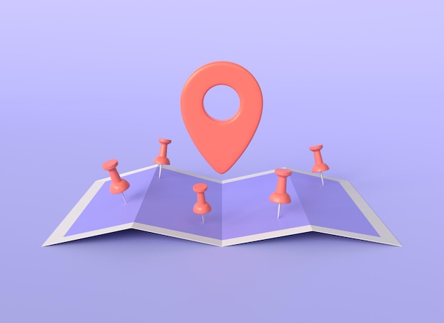 Photo carte 3d téléphone portable gps icône de navigation et épingle dans le style de dessin animé concept de recherche de chemin ou de suivi de l'emplacement rendu 3d isolé sur fond violet