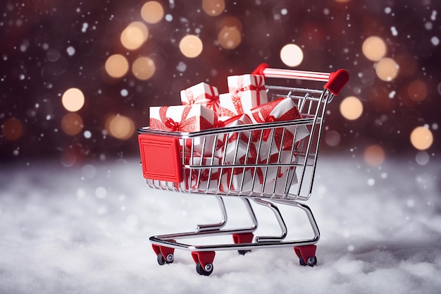 Carte d'achat pleine de cadeaux Coffrets cadeaux avec des arcs rouges dans un chariot de supermarché Vente de Noël et du Nouvel An concept minimal Cadeaux dans le panier de jouets