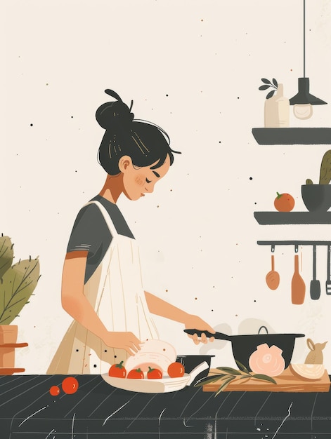 Carte d'affirmation Femme cuisinant avec un cochon de compagnie Illustration esthétique minimale IA générative