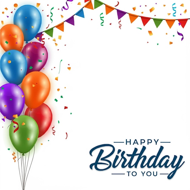 une carte d'anniversaire avec des ballons colorés et des bandes et une bannière qui dit joyeux anniversaire