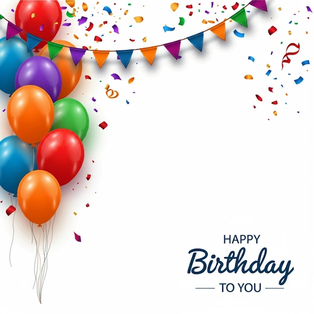 une carte d'anniversaire avec des ballons colorés et des bandes et des confettis