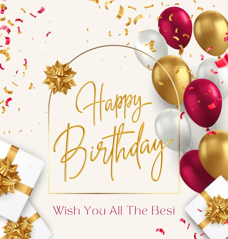 Photo une carte d'anniversaire avec des ballons dorés et rouges et un ruban d'or avec les mots joyeux anniversaire