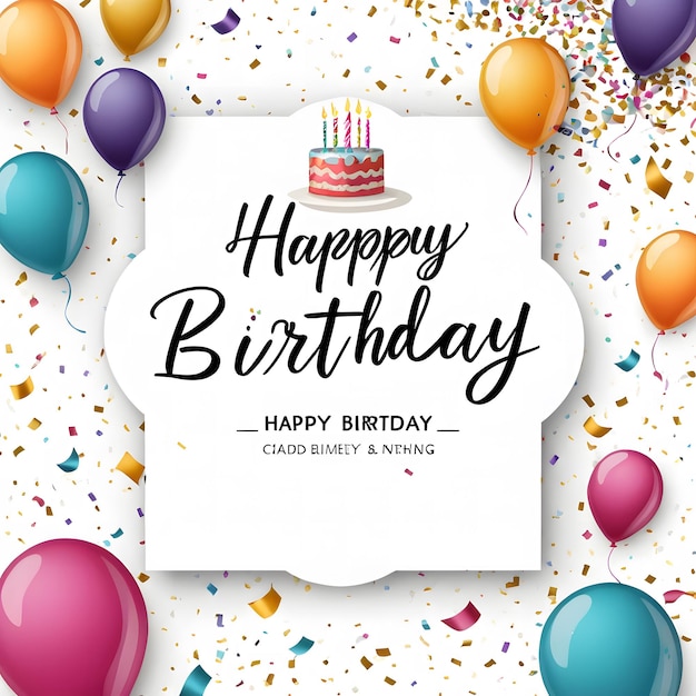 une carte d'anniversaire avec des ballons et un gâteau de joyeux anniversaire