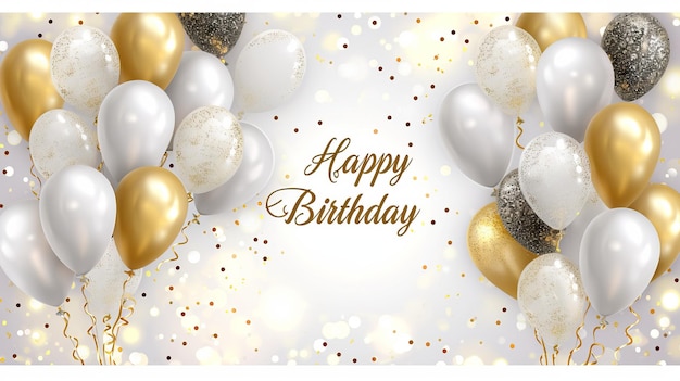 Carte d'anniversaire en ballons d'or avec un bokeh magique et des étincelles avec un texte de joyeux anniversaire