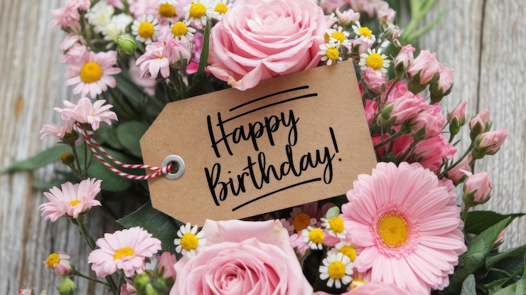 Photo carte d'anniversaire avec un bouquet de fleurs
