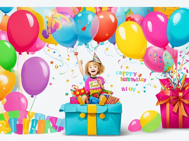 Carte d'anniversaire enfant colorée avec des ballons et des cadeaux avec un espace pour le texte