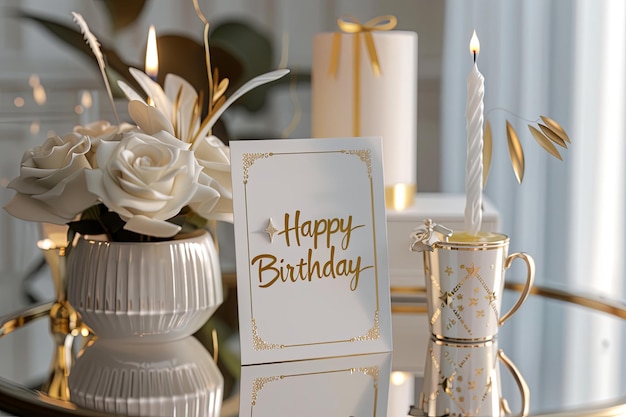 Carte d'anniversaire près des fleurs et des bougies ajoutant du charme à la table