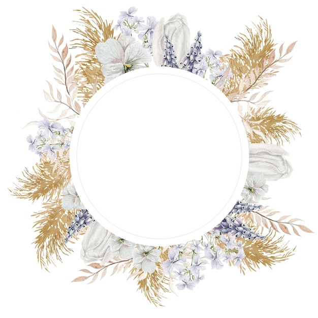 Carte d'aquarelle avec des fleurs et des feuilles séchées de boho