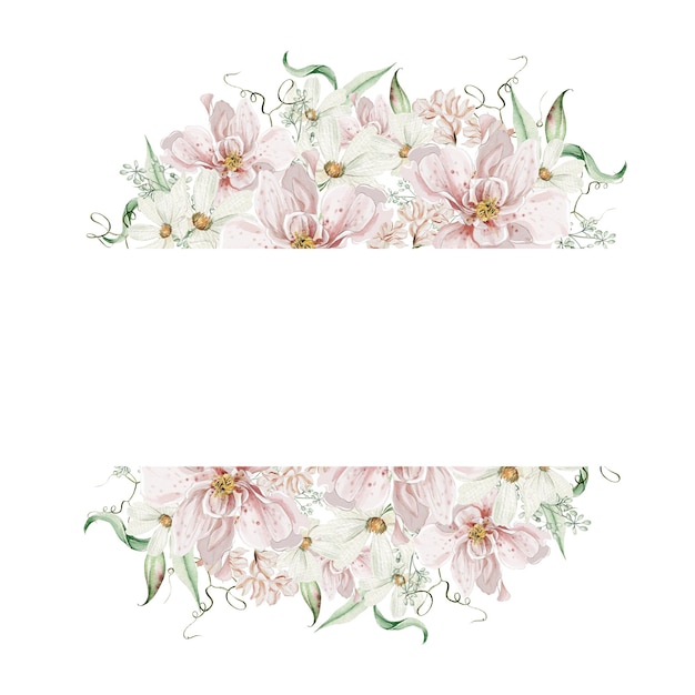 Carte aquarelle avec fleurs roses et feuilles de camomille