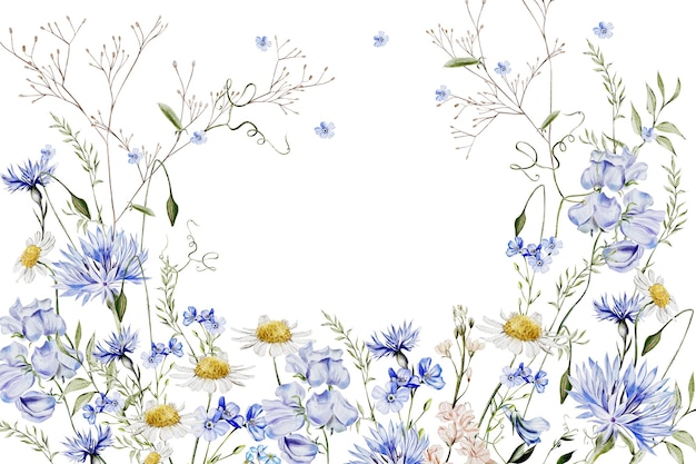 Photo carte aquarelle avec des fleurs sauvages de bleuet et de camomille