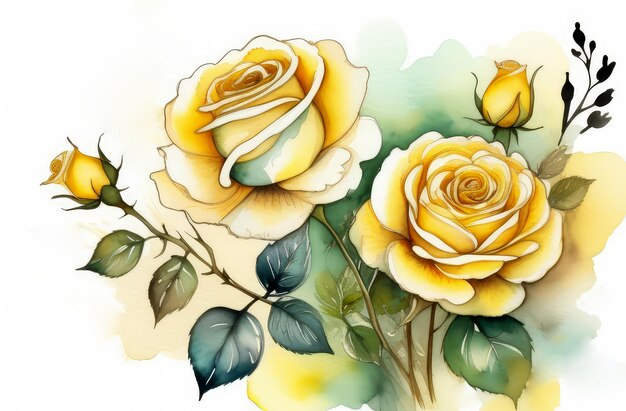 Photo carte d'aquarelle de thé et de roses jaunes sur fond blanc