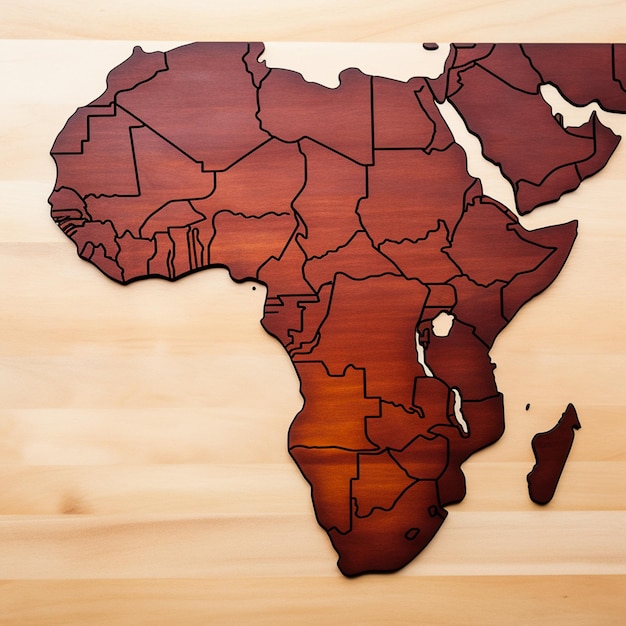 Photo carte arafée de l'afrique sur une surface en bois avec une bouteille de bière ai générative