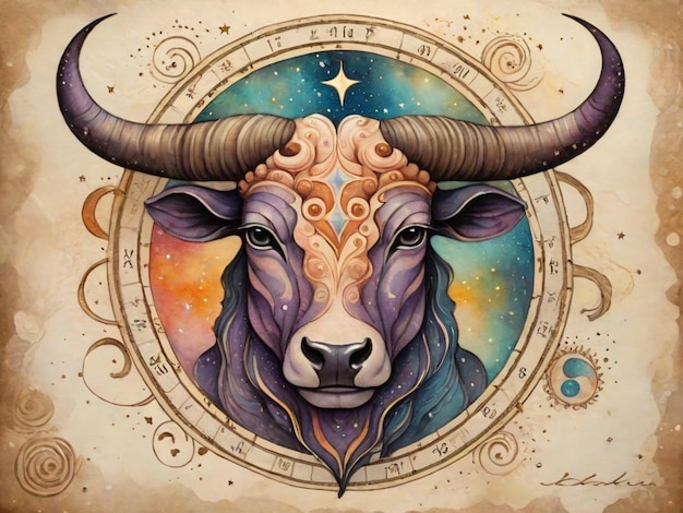 Photo carte astrale du zodiaque du taureau peinte avec des tons bleu violet et orange