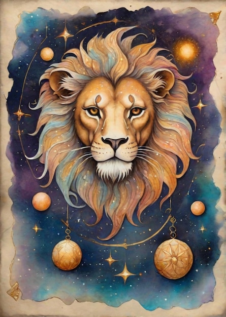 La carte astrale du zodiaque des jumeaux Lion et Lion peinte avec des tons bleu violet et orange