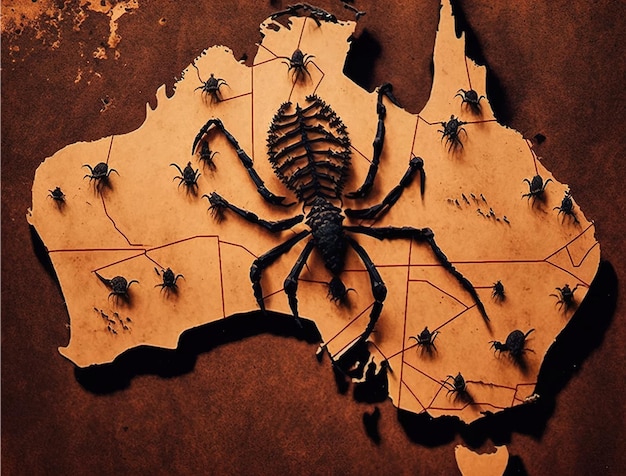 Carte de l'Australie avec la nature sauvage, les araignées géantes, les serpents et les crocodiles, la nature effrayante.