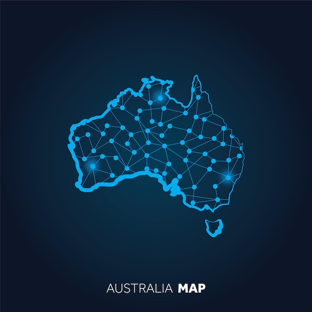 Carte de l'Australie réalisée avec des lignes connectées et des points lumineux